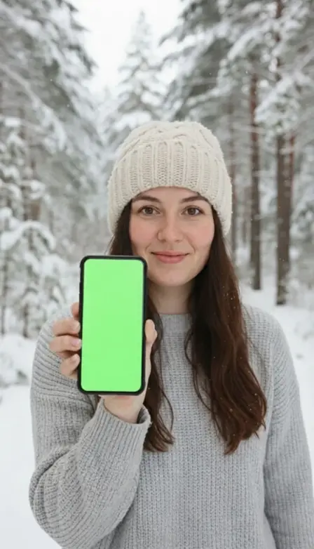AI UGC creator avatar in a snowy winter forest presenting a mobile app — outdoor lifestyle niche
