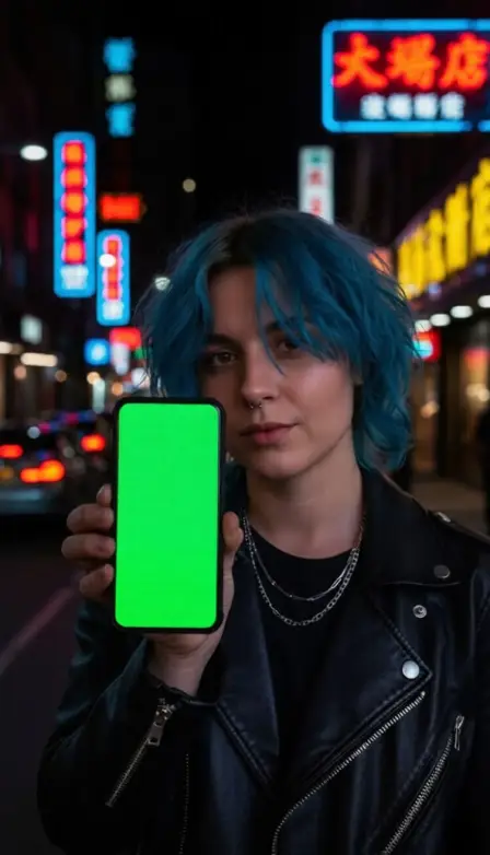 AI UGC creator avatar with blue hair on a neon-lit night street presenting a mobile app — nightlife niche