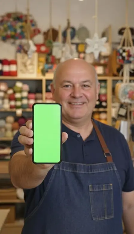 AI UGC creator avatar shop owner in a craft store presenting a mobile app — small business niche