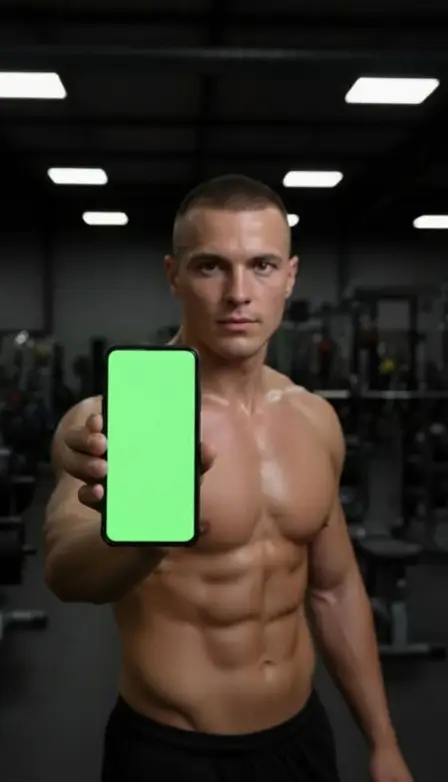 AI UGC creator avatar bodybuilder in a gym presenting a mobile app — fitness niche