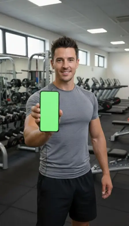 AI UGC creator avatar personal trainer in a gym presenting a mobile app — workout coaching niche