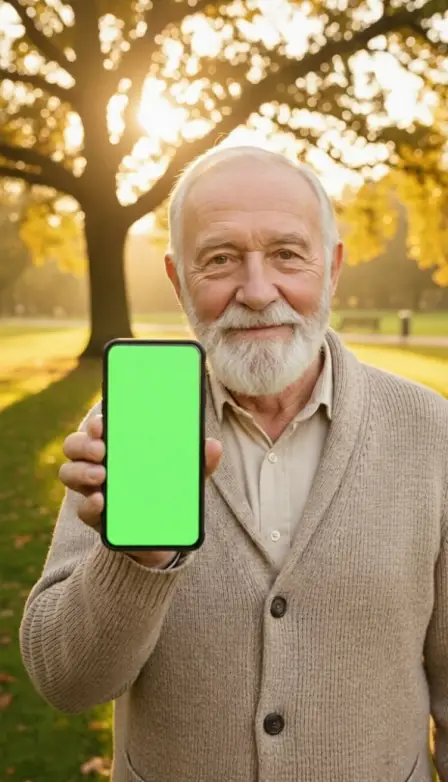 AI UGC creator avatar senior man in a sunny park presenting a mobile app — health and wellness niche
