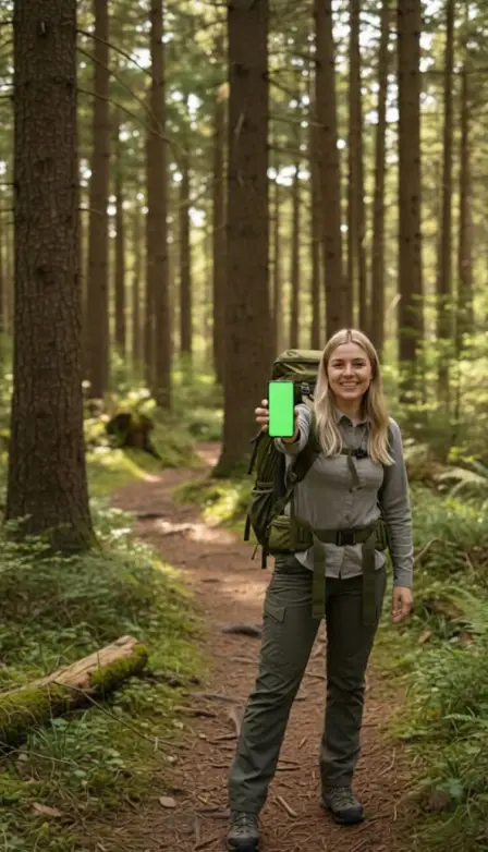 AI UGC creator avatar hiker on a forest trail presenting a mobile app — outdoor adventure niche